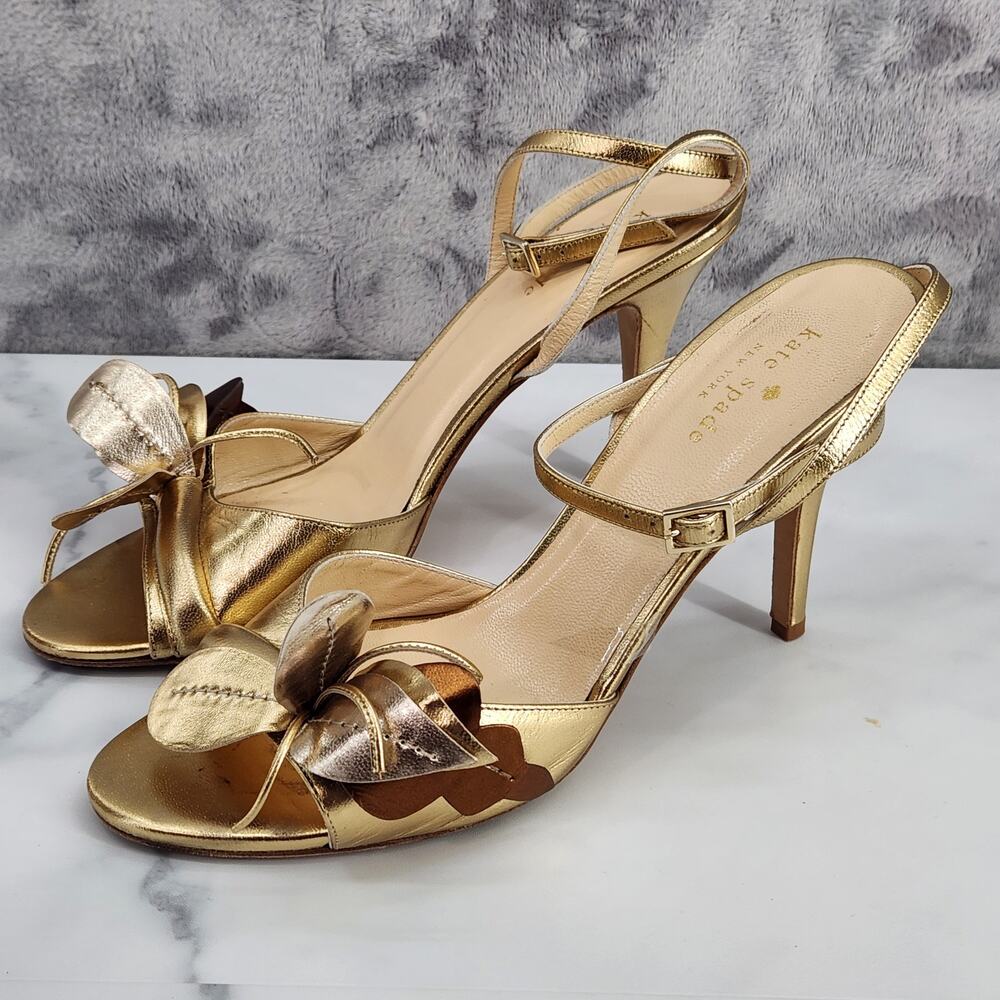 Kate Spade Size 8 Metallic Gold Strappy Open Toe 3 1/2" Heels Made in Italy